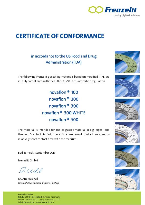 Certificate of Conformance FDA novaflon®