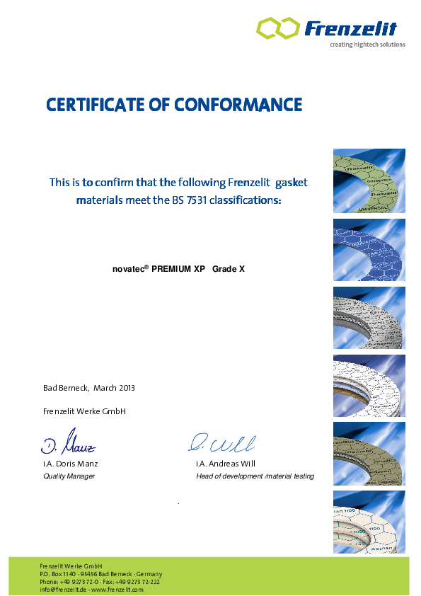 Certificate of Conformance acc. to BS 7531 Grade X novatec® PREMIUM XP