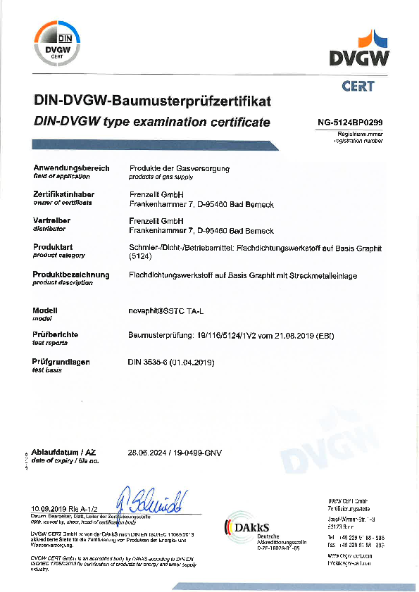 Prüfzertifikat DVGW novaphit® SSTCTA-L