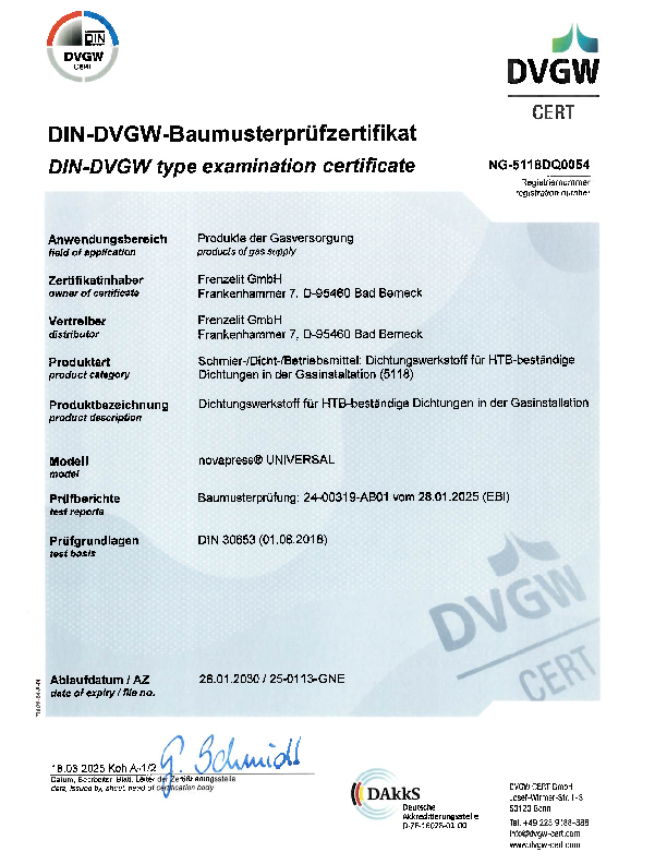 Prüfzertifikat DVGW HTB DIN 30653 novapress® UNIVERSAL