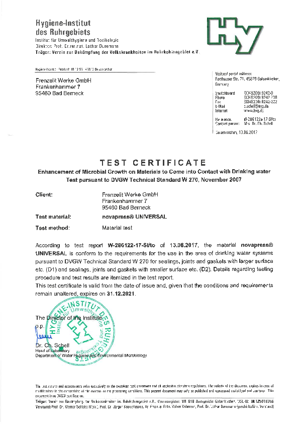 Test Certificate acc. to W 270 novapress® UNIVERSAL