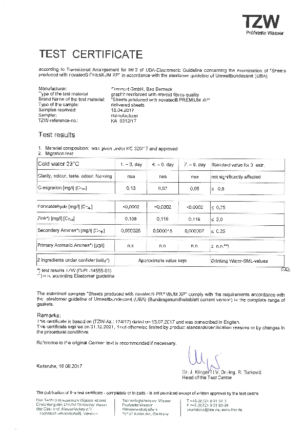 Test Certificate for drinking water acc. to elastomer guideline novatec® PREMIUM XP