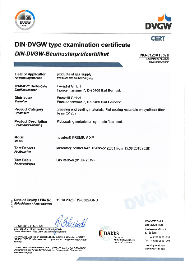 Examination Certificate DVGW novatec® PREMIUM XP