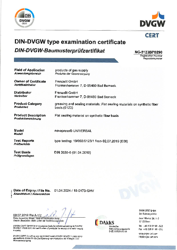 Examination Certificate DVGW novapress® UNIVERSAL