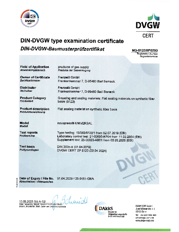 Examination Certificate DVGW novapress® UNIVERSAL