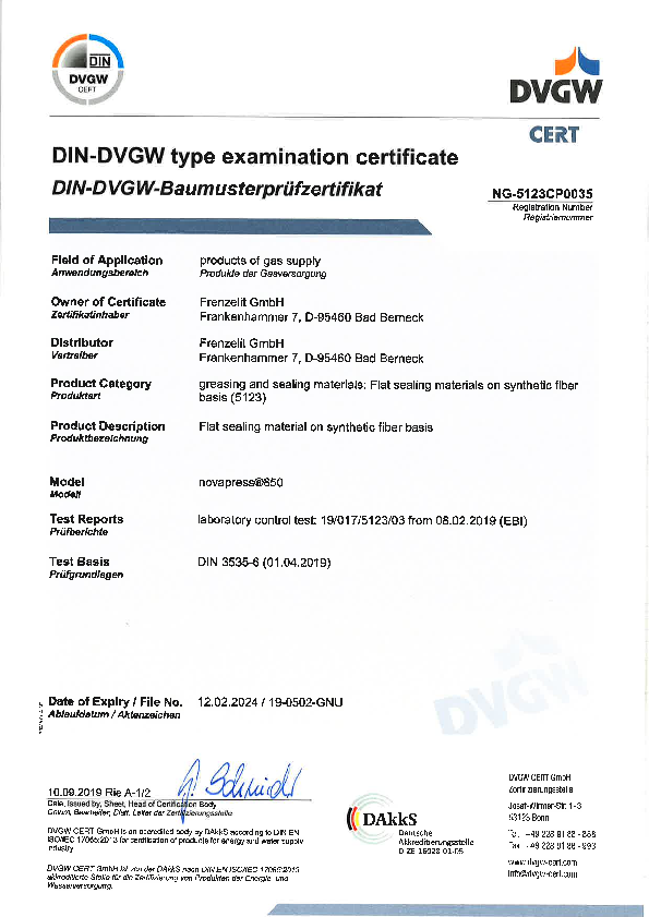 Examination Certificate DVGW novapress® 850