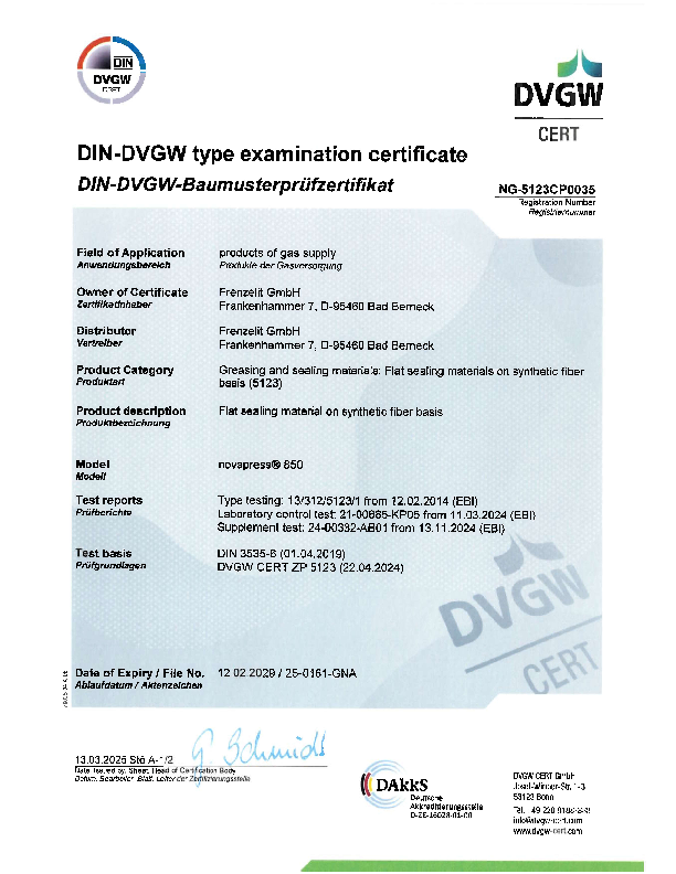 Examination Certificate DVGW novapress® 850