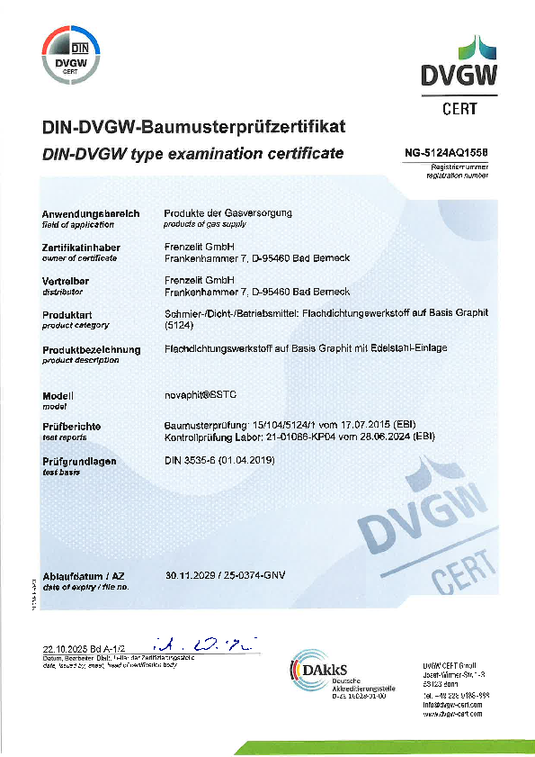 DVGW-Zulassung novaphit SSTC Prüfzertifikat DVGW novaphit® SSTC