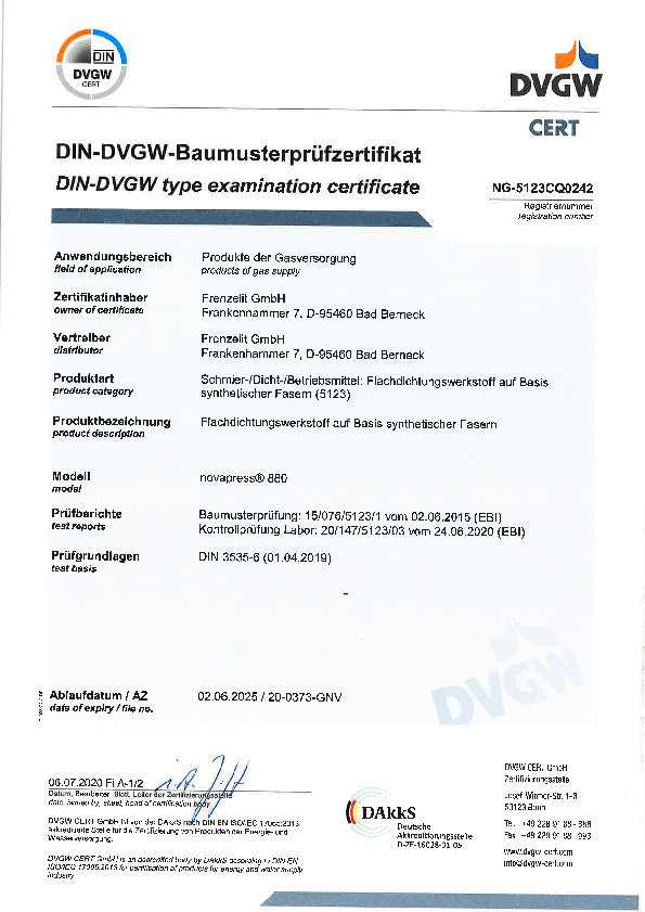 Prüfzertifikat DVGW novapress® 880