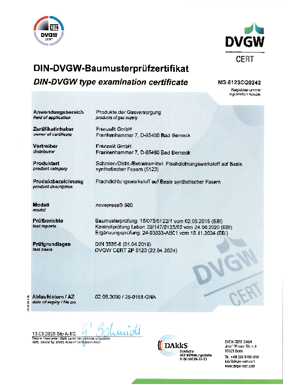 Prüfzertifikat DVGW novapress® 880