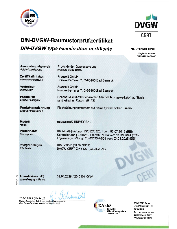 Prüfzertifikat DVGW novapress® UNIVERSAL