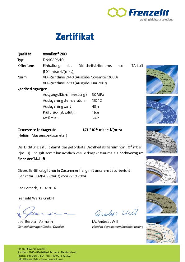 TA Luft Zertifikat novaflon® 200