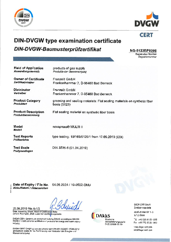 Examination Certificate DVGW novapress® MULTI II