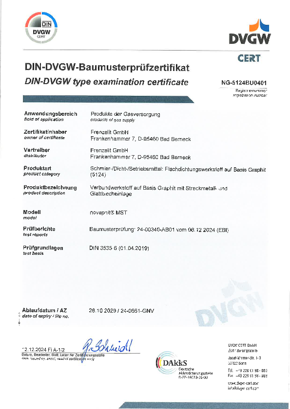 Prüfzertifikat DVGW novaphit® MST Prüfzertifikat DVGW novaphit® MST