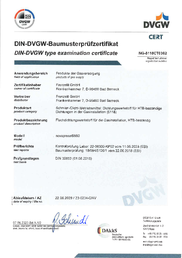 Zertifikat HTB DIN 30653 novapress® 880