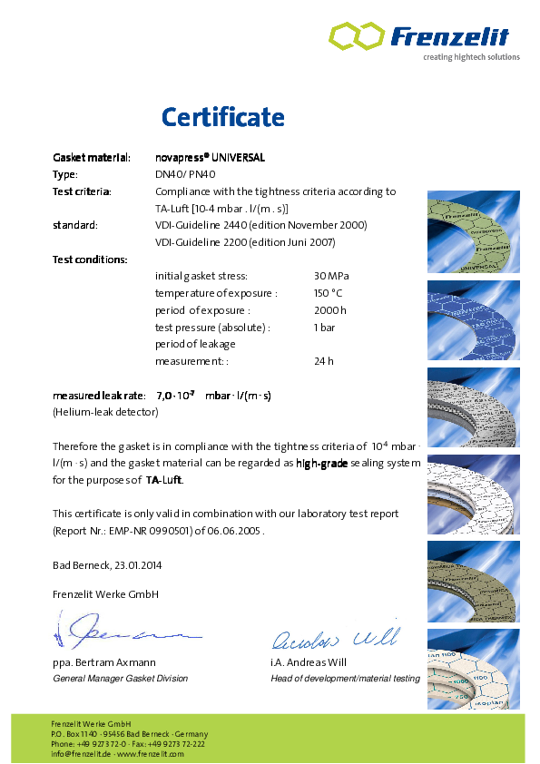 TA Luft Certificate novapress® UNIVERSAL