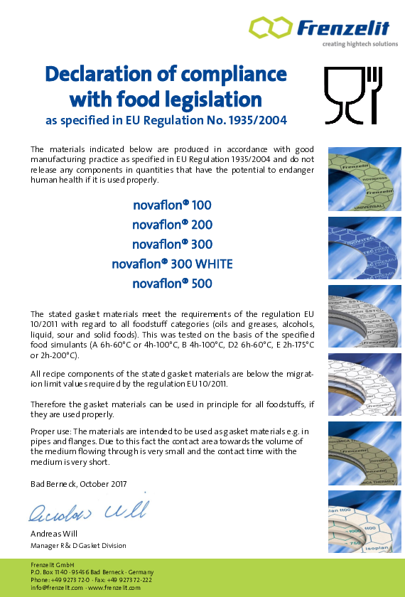 Compliance with food acc. to EU 1935/2004 novaflon®