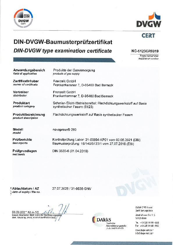 Prüfzertifikat DVGW novapress® 260