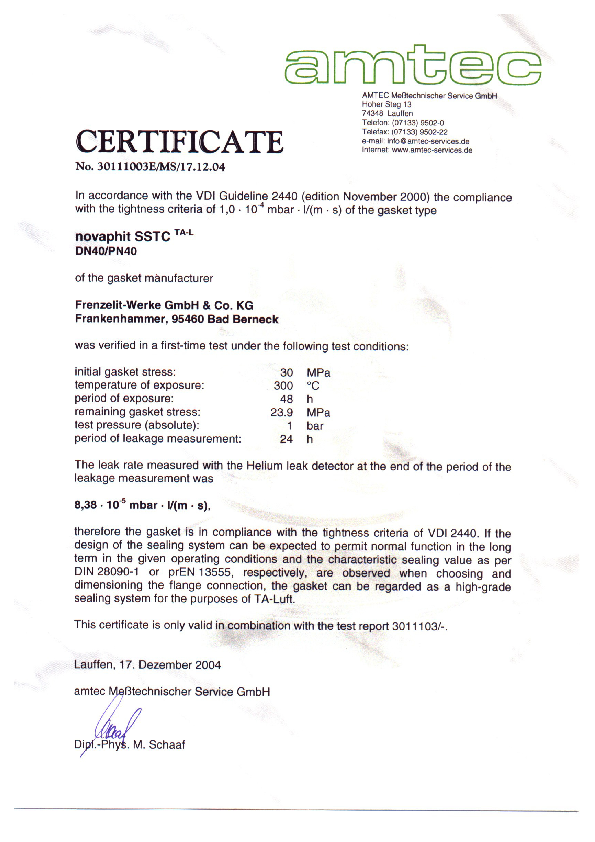 TA Luft Certificate novaphit® SSTCTA-L 1.6 mm