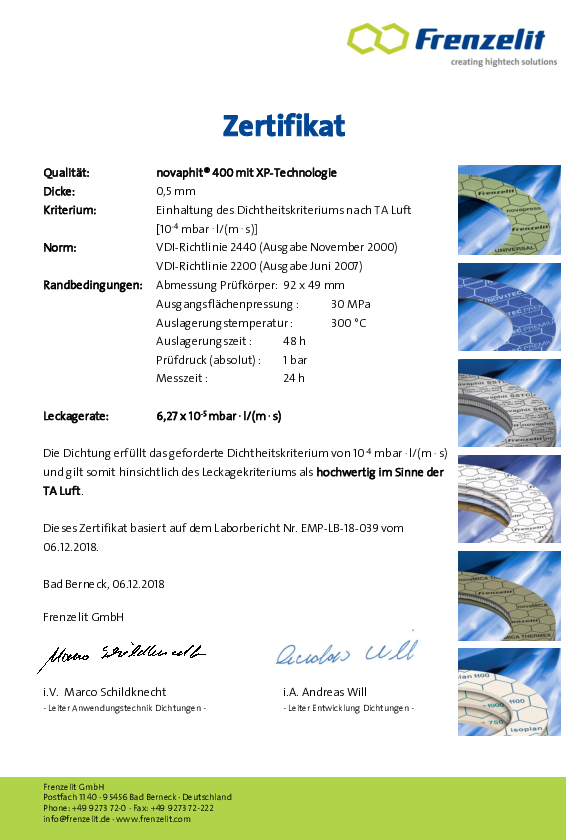TA Luft Zertifikat novaphit® 400 Dicke 0,5mm