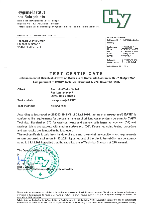 Certificate acc. W 270 novapress® BASIC