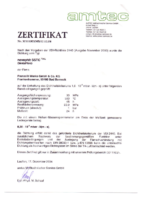 TA Luft Zertifikat novaphit® SSTCTA-L 1,6 mm