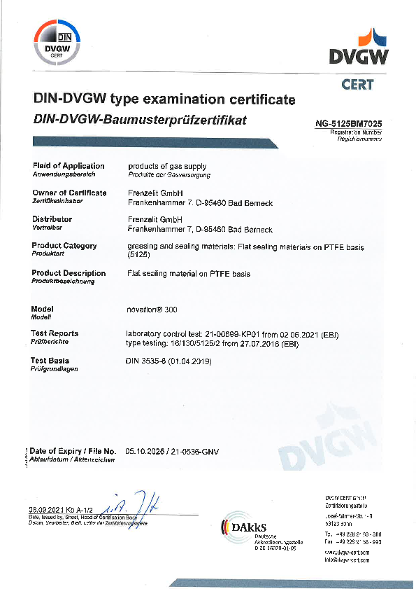 Examination Certificate DVGW novaflon® 300