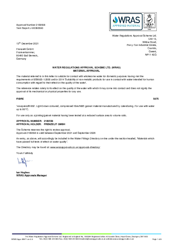 Material Approval WRAS novapress® 850