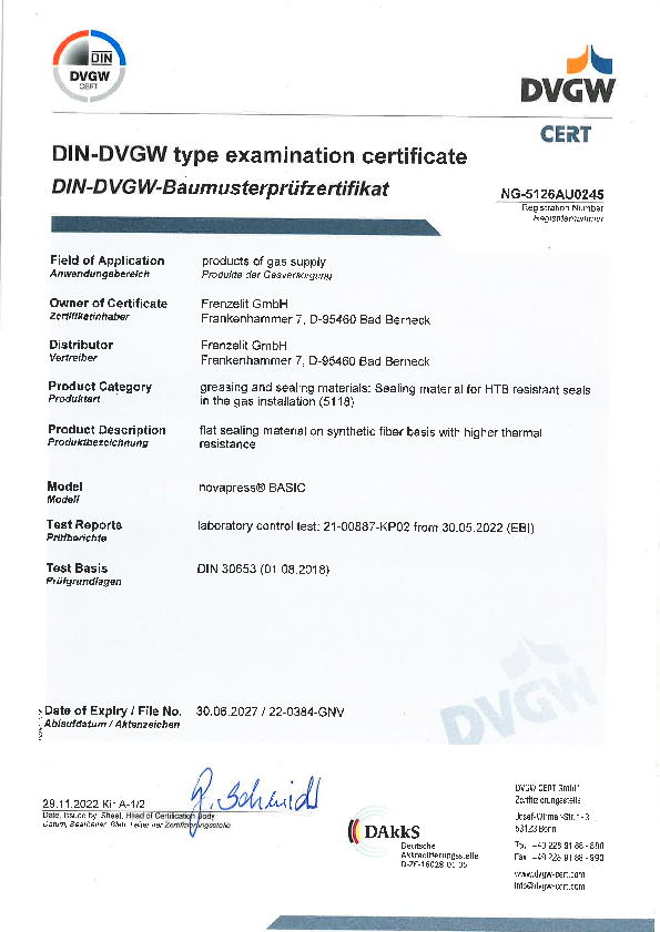 Examination certificate HTB DIN 30653 novapress® BASIC