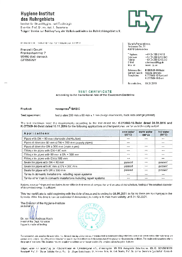 Certificate_drinking water acc. Elastomer-Guideline novapress® BASIC