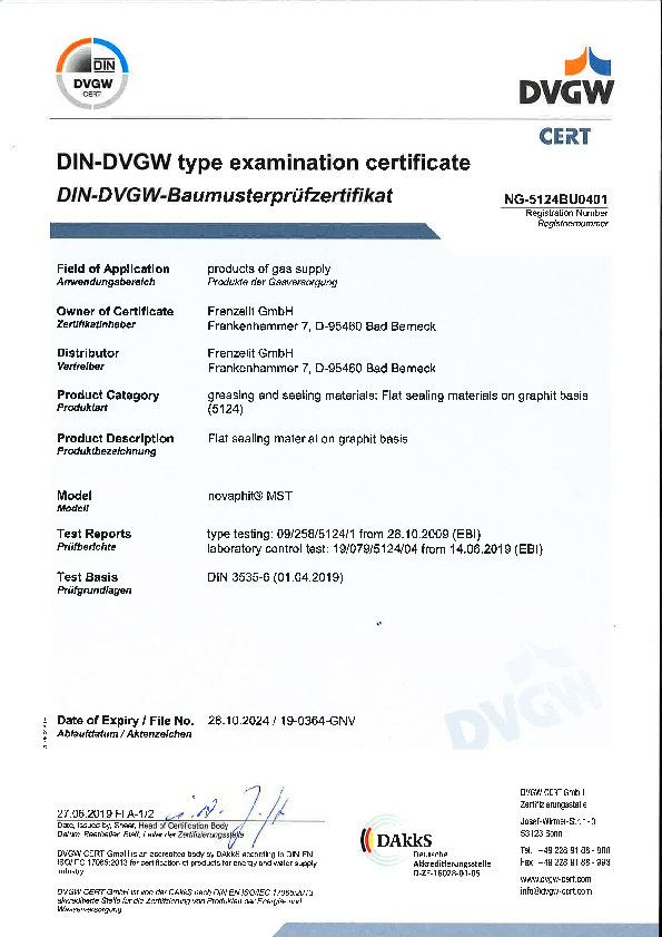 Examination Certificate DVGW novaphit® MST