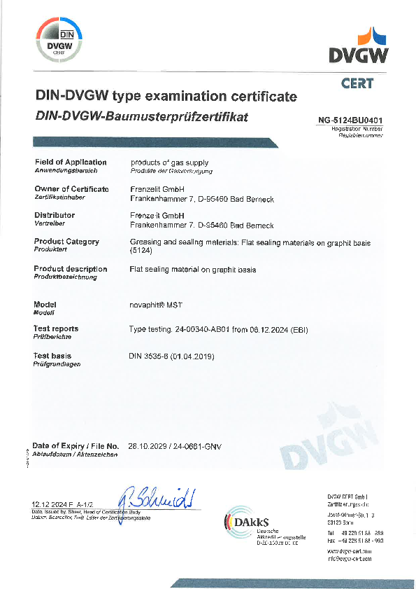 Examination Certificate DVGW novaphit® MST Examination Certificate DVGW novaphit® MST