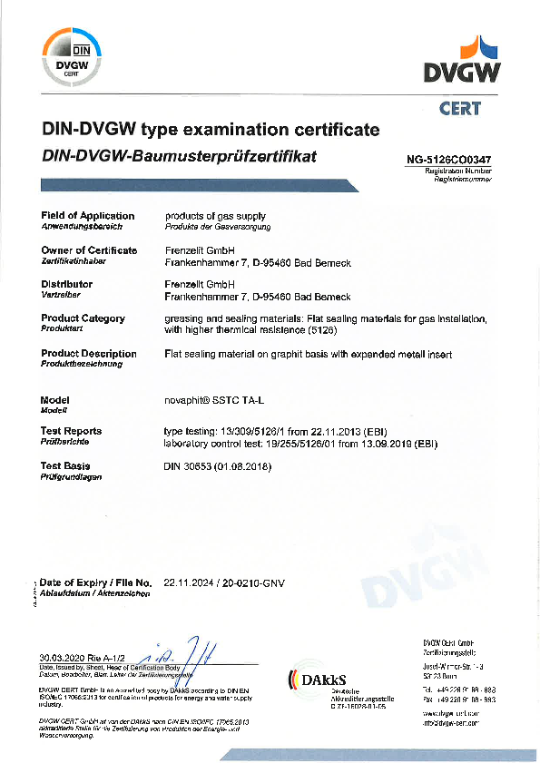 Examination certificate HTB DIN 30653 novaphit® SSTCTA-L