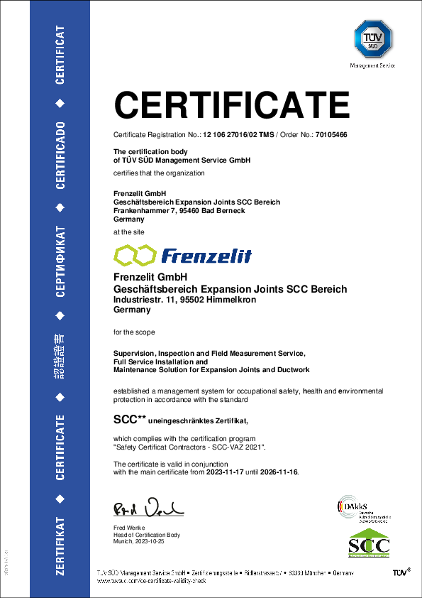 Certificate SCC Frenzelit Expansion Joints