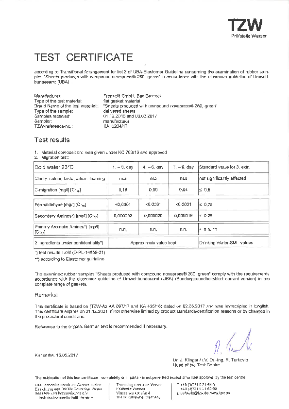 Test Certificate for drinking water acc. to elastomer guideline novapress® 260