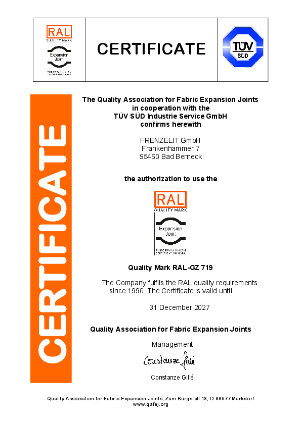 Certificate Quality Mark RAL-GZ 719 Frenzelit Expansion Joints Certificate Quality Mark RAL-GZ 719 Frenzelit Expansion Joints
