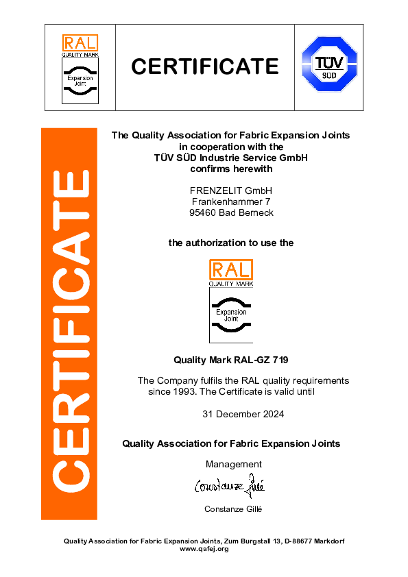 Certificate Quality Mark RAL-GZ 719 Frenzelit Expansion Joints