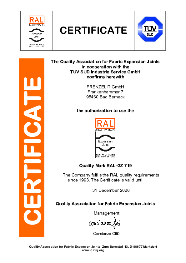 Certificate Quality Mark RAL-GZ 719 Frenzelit Expansion Joints Certificate Quality Mark RAL-GZ 719 Frenzelit Expansion Joints