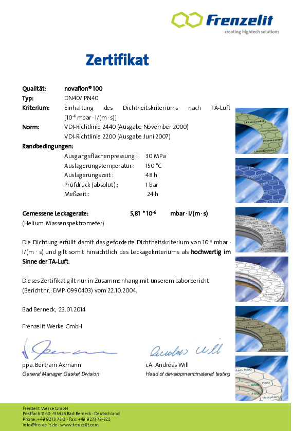 TA Luft Zertifikat novaflon® 100 150°C