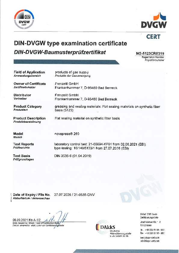 Examination Certificate DVGW novapress® 260