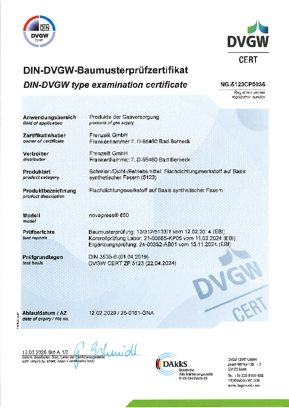 Prüfzertifikat DVGW novapress® 850