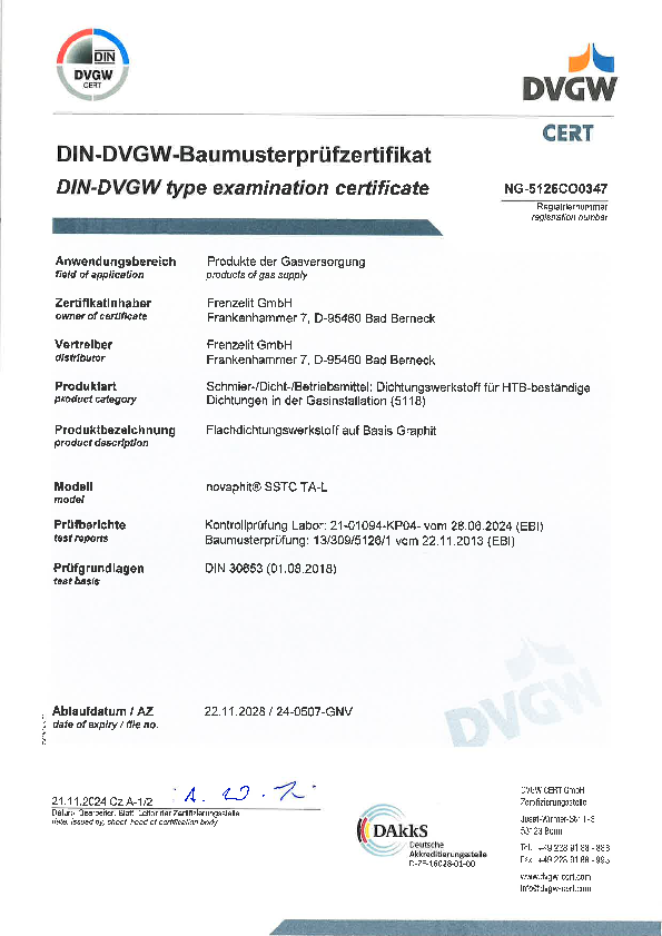 Prüfzertifikat DVGW HTB DIN 30653 novaphit® SSTCTA-L Prüfzertifikat DVGW HTB DIN 30653 novaphit® SSTCTA-L