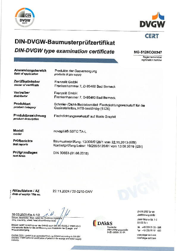Prüfzertifikat DVGW HTB DIN 30653 novaphit® SSTCTA-L