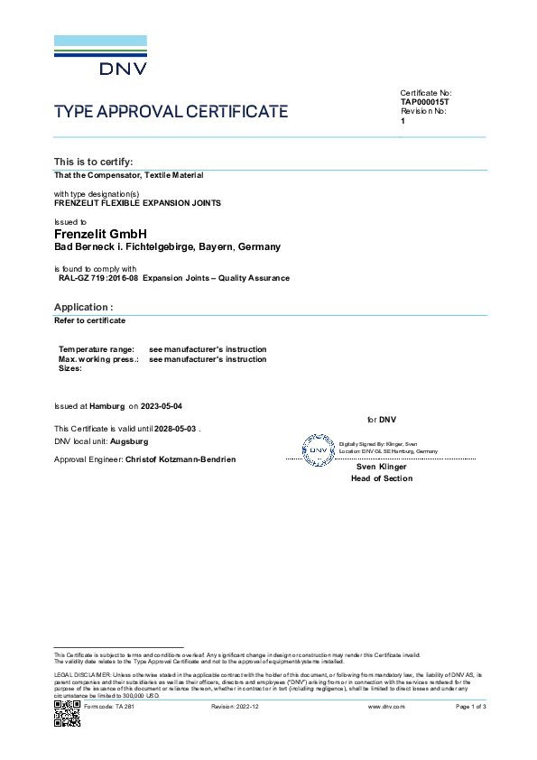 Certificate DNV Germanischer Lloyd Frenzelit Expansion Joints