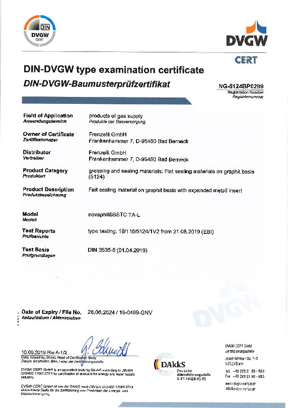 Examination Certificate DVGW novaphit® SSTCTA-L