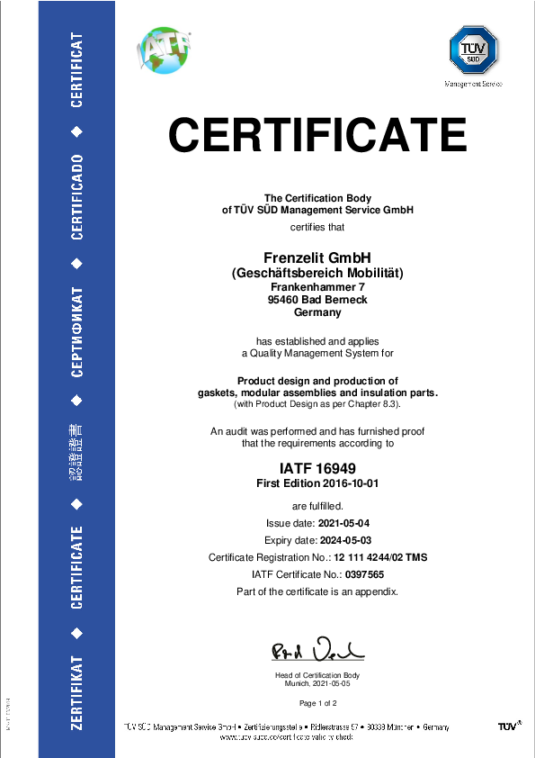 Certificate IATF 16949 Quality management Mobility