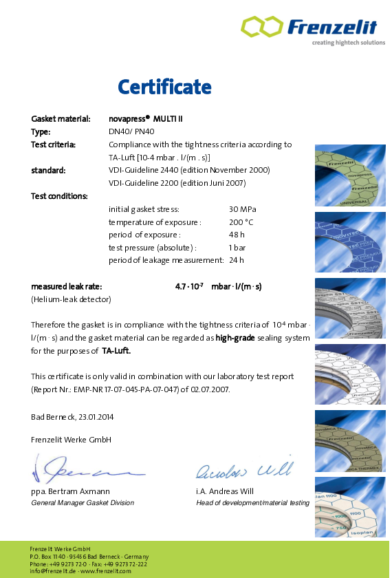 TA Luft Certificate novapress® MULTI II