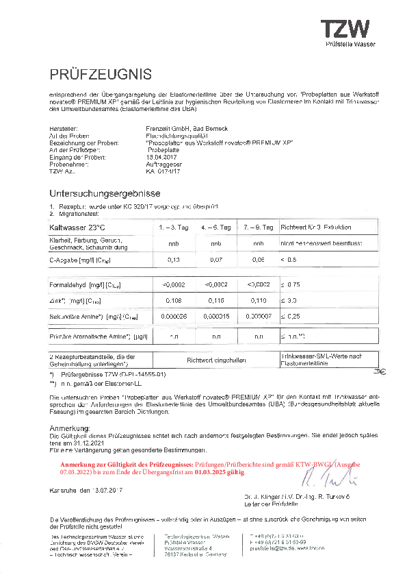 Prüfzeugnis für Trinkwasser gemäß Elastomerleitlinie novatec® PREMIUM XP