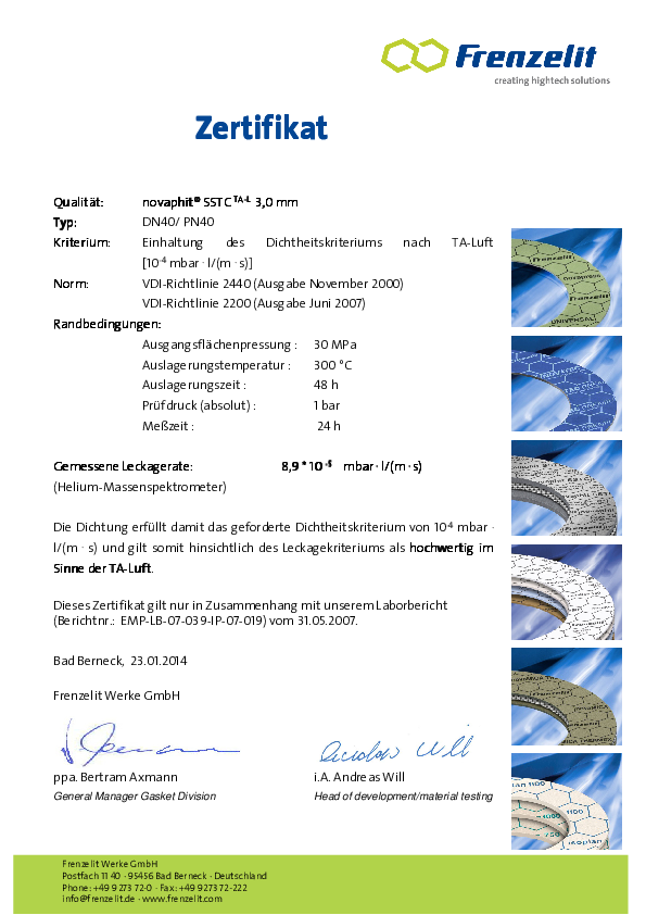 TA Luft Zertifikat novaphit® SSTCTA-L 3,0 mm