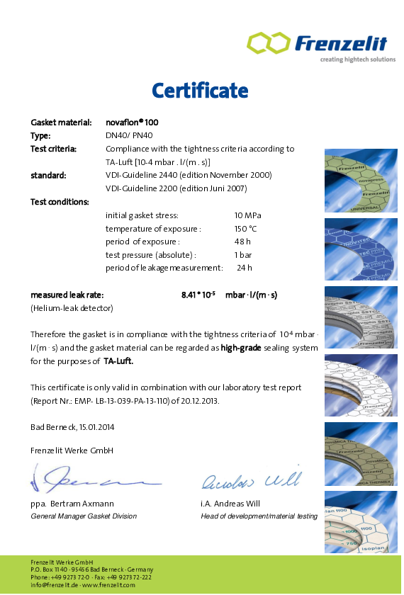 TA Luft Certificate 10 MPa 150°C novaflon® 100